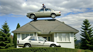 a car climbing on a house roof