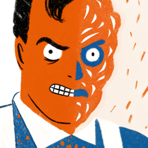 Close-up of Billy Dee Williams portraying Two-Face from Batman Forever. Intense, dark makeup and lighting.