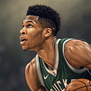 Giannis Antetokounmpo, intense expression, digital artwork.