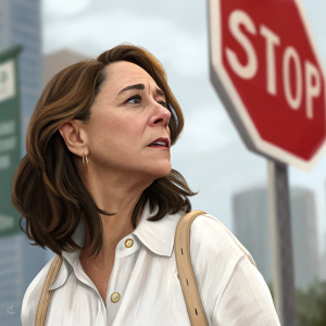 Talia Balsam, actress, outdoors near a stop sign, blurred cityscape in background. White shirt with beige shoulder detail, medium-brown hair. Close-up on face and upper body.