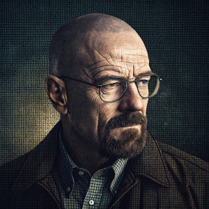 Digital mosaic portrait of Walter White from Breaking Bad. Dark and moody color palette. Serene and contemplative expression.