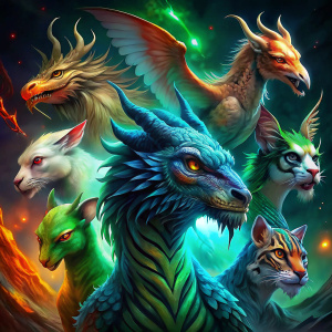 Hybrid creatures like green dragon, black dragon, phoenix, white tiger, unicorn, and red bird