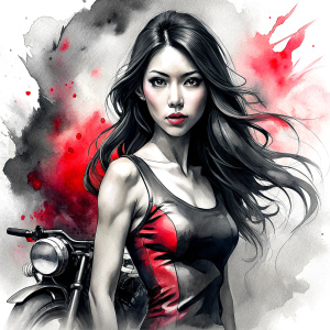 motorcycle bikergirl tattoo design - perfect realistic art - high-definition - grey and black - white background 