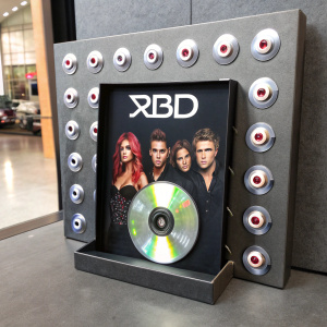 A promotional poster for RBD's new album. CD is prominently displayed in the center, surrounded by a box adorned with multiple eyes. The backdrop is a sleek grey.
