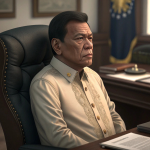 A digital 3D model of President Rodrigo Duterte. Sitting in an office. Looking serious