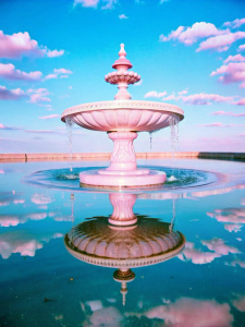 water reflects sky, fountain, weirdcore