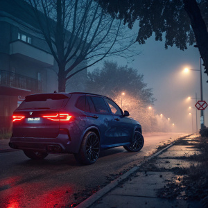 Dark blue BMW X5 M Competition parked on a foggy street at night. Tail lights glowing red