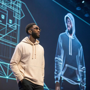 Tinie Tempah, in a casual hoodie, at a tech conference. High-tech backdrop with holograms.