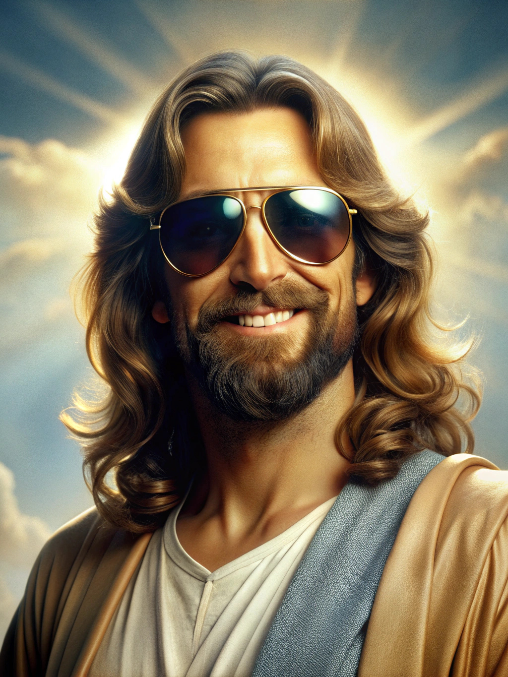 Jesus christ as a 1980s action star with sunglasses with a smile. He should be about 30 years old Recraft