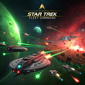 Screenshot from Star Trek Fleet Command video game. Intense space battle scene. Green and red hues dominate. Star Trek Fleet Command logo prominently displayed.