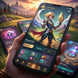 Digital interface mockup showcasing League of Legends game. Main screen features animated champion, Lux, mid-action, set against vibrant landscape. Health bars, energy meters, and other game elements displayed prominently. Additional panels show matchup overview, recent kills, and strategic hints. Warm and cool color tones blend harmoniously, creating engaging visual experience.