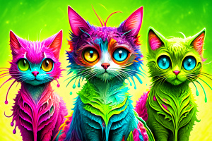 3 stylized cats with elongated bodies and large, expressive eyes, standing in a row. Each cat has a different color and size.
They are artistically represented, with long, thin bodies, and large, round eyes.
One is a larger dark gray with two small gray cats next to it.
Another tall yellow that stands out in the center.
Another smaller orange-red on the right.
Their eyes are disproportionately large compared to their bodies, giving them a cartoonish appearance.
The background is dark and feature