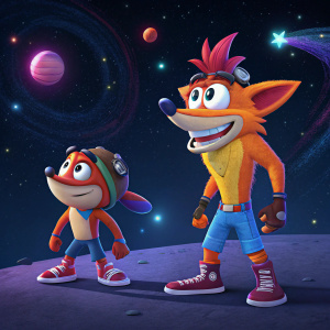 Digital art render of Crash Bandicoot 4's Gasmoxian characters. Cartoonish design, bright colors. Dark space background