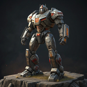 High-definition 3D render of Grimlock from Transformers. Robust frame and armored form in a commanding stance. Intricate armor plates and rugged base against a dark background.