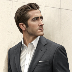 Professional headshot of Jake Gyllenhaal. Wearing a charcoal grey suit and white dress shirt. Standing in front of an off-white wall. Focused expression, short, styled hair