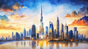 graphic illustration style, minimalist, professional drawing, Dubai city with the power of future, the prosperity of the city, simple skyline, a lonely 
 skyscraper Burj Khalifa