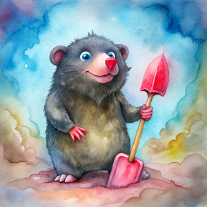 Draw me a mole at a birthday party. It's holding a red shovel in its paws."




