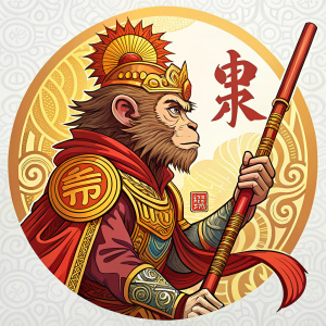 Stylized logo of Sun Wukong, the Monkey King. Featuring vibrant colors and traditional Chinese art style
