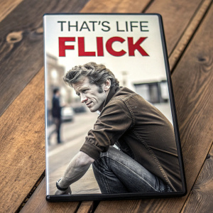 DVD cover for 'That's Life: Flick'. A dynamic black and white photo of the lead actor in a casual pose. Bold red text highlights the title and cast names. The DVD is placed on a rustic wooden surface, adding a cinematic feel.
