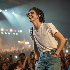 Timothée Chalamet beams joyfully. Dressed casually in jeans and t-shirt. Amidst a vibrant concert crowd