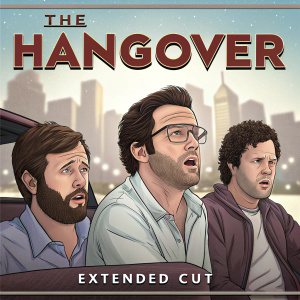 DVD cover for 'The Hangover: Extended Cut'. Features four men with varied expressions. Title 'Hangover' prominently displayed at top.