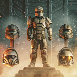 Spartan Vale, from Halo 5 Guardians, standing confidently. Dark, sci-fi themed background. Various stages of detailed head sculpt displayed.