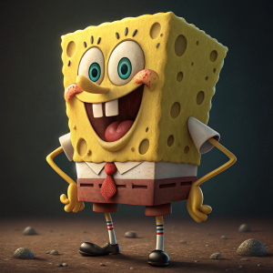SpongeBob SquarePants, with a cheerful smile and red tie, in a 3D digital artwork style. Dark background.