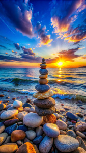 batu berwarna bertumpuk berkilauan dilaut biru matahari senja sore hari