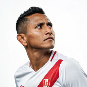 Yoshimar Yotun, Peruvian soccer player, intense stare, white jersey with red details, solo shot, plain background