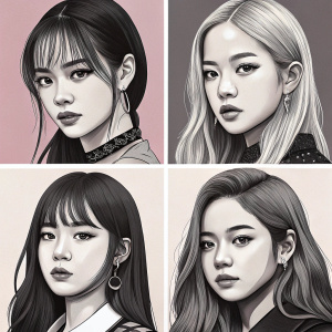 Close-up portraits of Blackpink members. Flat graphic style, detailed facial features, grayscale palette, each member showcasing unique personality traits.