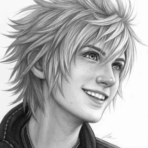 A detailed sketch of Prompto Argentum, character from Final Fantasy XV. Black and white illustration, focusing on his facial features and hairstyle. Close-up view showcasing his joyful smile and the intricate play of light and shadow on his face.