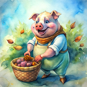 cheerful caricature of a fat pig collecting acorns, white background