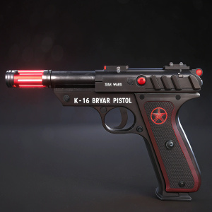 Detailed 3D render of a Star Wars weapon, K-16 Bryar Pistol. Black surface with glowing red accents. Star Wars logo on handle. Dark background