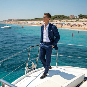 Cristiano Ronaldo, at a luxury yacht launch event. Surrounded by sea and beachgoers.