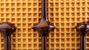 waffle background with small amount of smooth chocolate liquid randomly dripping down from above
