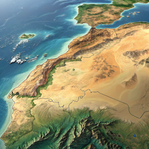 Detailed 3D-rendered map showcasing the diverse terrain of Morocco, featuring towering mountains, expansive deserts, and lush coastal regions.