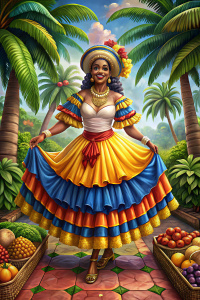 palenquera colombia, vestido bandera de colombia con muchos vuelos, bordado en flores de oro, , sandalias oro, por un camino de ladrillos, al fondo palmas de coco, rodeada de arboles de cacao. frutas de cacao sobre el piso, con una mano sosteniendo un fruto de cacao, la falda bordada en oro, con frutas sobre la cabeza, con frutos de cacao bordados en su flada. una mano al frente, mas cerrada la falda la cara mas real, con tecnica de ilustracion de frank frazetta, mas movimiento en la falda