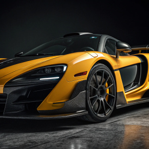 High-definition photo of the McLaren Senna. Yellow and black paint job. Detailed close-up of the vehicle's aerodynamic features and sleek design. Dark background highlights the car's contours.