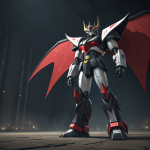 3D rendering of Mazinkaiser SKL, a futuristic warrior robot. Its design integrates sleek black, white, and red materials. It stands in a powerful pose with massive jagged wings. The scene is set against a dim, dark background.