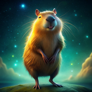 A capybara that stands on two hind legs and winks