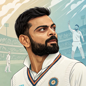 Virat Kohli, intense gaze, cricket uniform. Background features animated cricket match scenes, crowd cheers, and iconic stadium moments