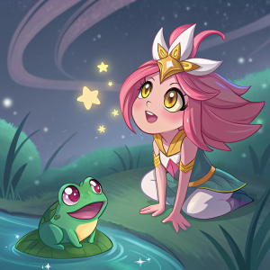 Digital art of Star Guardian Neeko from League of Legends. She has a youthful look with pink hair and star-like accessory. She is a frog-like creature with glowing colors in a fantasy setting.
