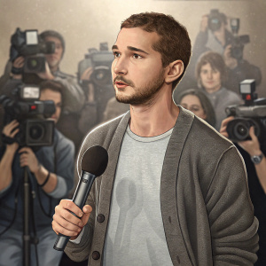 Shia LaBeouf at a press conference. Wearing a gray cardigan over a gray t-shirt, holding a microphone.