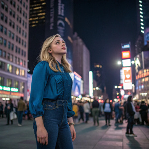 Chloe Grace Moretz, blonde actress, wearing a blue blouse and jeans, standing alone in a crowded city square at night.