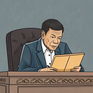 Cartoony illustration of Rodrigo Duterte. Grey background. He's sitting at desk in Oval Office. Serious look