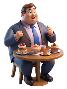 Un hombre bajo y obeso, vestido con un traje elegante, está sentado en una mesa lujosa llena de pasteles y repostería. Come vorazmente, dejando caer migas a su alrededor. 