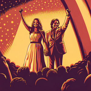 Paula Abdul and John Stamos celebrating at the Hollywood Walk of Fame induction ceremony. Bright stage lights and audience in the background.