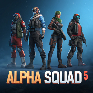 Promotional artwork for Alpha Squad 5. Five characters from the game stand in a line, each in unique outfits and accessories. Against a dark blue backdrop, the game title 'Alpha Squad 5' appears at the bottom in bold letters.