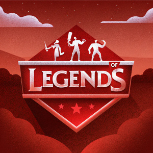 A promotional banner for League of Legends. It showcases the game's logo centrally. Surrounded by stylized characters in dynamic poses. Background features an evening sky with distant mountains and a vivid color scheme.