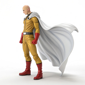 Saitama from 'One Punch-Man' in a detailed 3D digital art scene. Bald head, white cape, brown outfit, red gloves and boots. Against a plain white background, static pose.